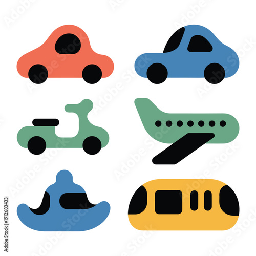 Transportation icons set: A delightful collection of playful transportation icons, including a car, scooter, airplane, boat, and train, perfect for adding a touch of whimsy to any project.