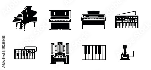 Keyboard instruments black and white icons set