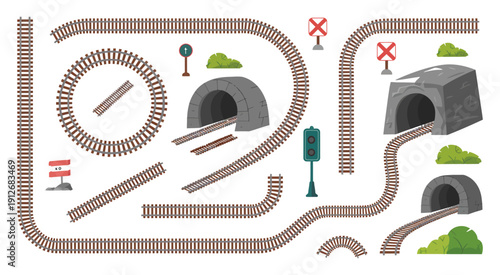comprehensive railway track kit, various sections, tunnels, crossing signs, moving gate, custom layouts, train set illustration, vector design, transport concept.