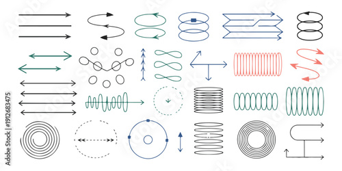 Compilation of colorful and monochrome arrow icons and abstract shapes on white background vector