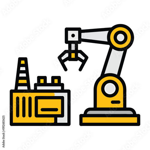 Factory Automation: A sleek, illustrative depiction of factory automation in action, showcasing a robotic arm interacting with a building, symbolizing efficiency and technological advancement. 