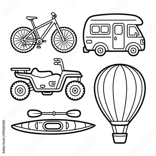 Outdoor Adventure Icons: Diverse illustrations of recreational vehicles and equipment, ideal for any outdoor activity related theme.