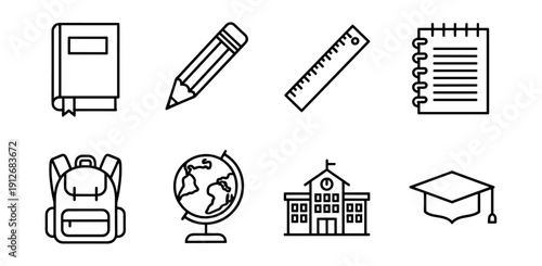 Education black and white line icons set