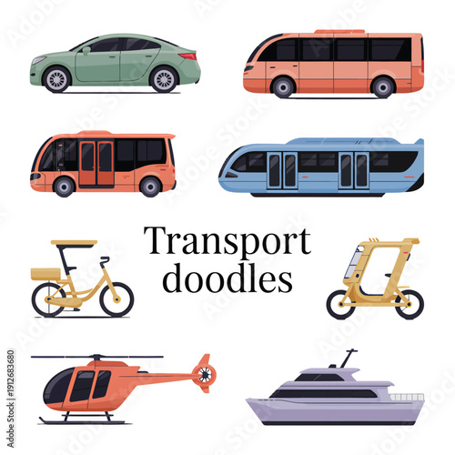 Transport Doodles: A collection of various transport vehicles, each uniquely designed, showcase diverse transportation options, and promise efficient mobility and dynamic urban landscapes.