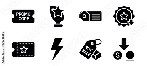 Promotions, Sales, and Discounts Silhouette Icons Set