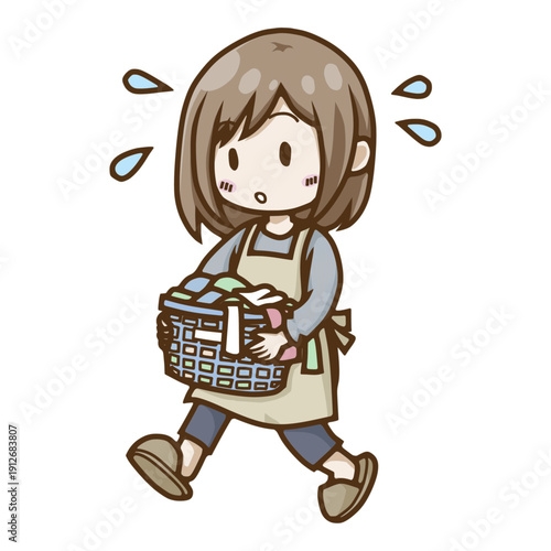 山積みの洗濯物を抱えて慌てる忙しい主婦のイラスト（家事・ワンオペ）
