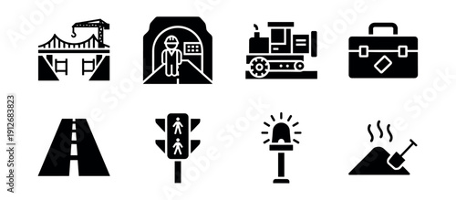 Construction and infrastructure silhouette icons set
