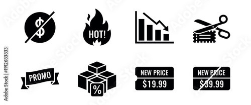 Sales and promotional black and white icons set
