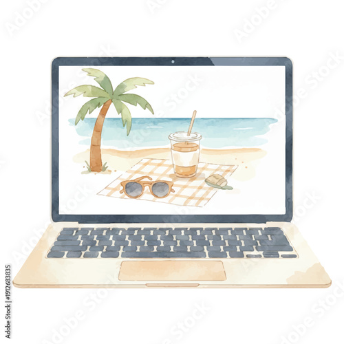 Laptop with Summer Beach Wallpaper, Tropical Work Setup, Watercolor Vector Illustration Isolated on White
