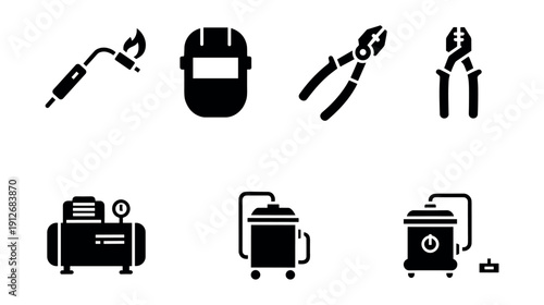 Industrial tools and equipment black icons set