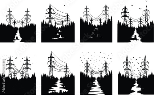 Power line transmission towers in forest clearing with tree stumps and birds, industrial electricity infrastructure silhouette icon set for environmental design