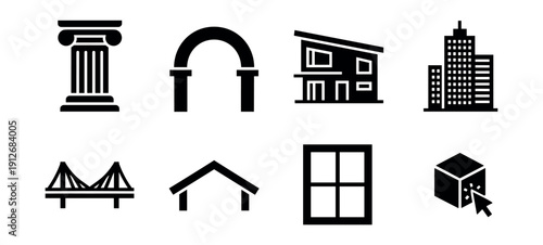 Architectural and structural black line icons set
