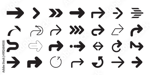 Set of black arrow icons collection with different shapes for navigation direction pointers and web interface