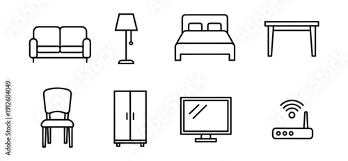 Household items line icons set
