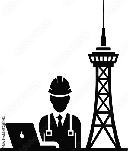 Professional engineer silhouette with laptop and telecommunications tower icon, industrial worker in hard hat, telecommunication infrastructure, wireless technology symbol