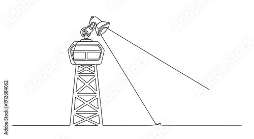 Air Traffic Control Tower with Spotlight Beam, Minimalist Line Art