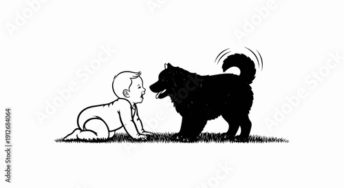 A baby on all fours looks up at a fluffy dog on the grass