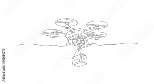 Drone delivering package, minimalist line art, aerial delivery concept
