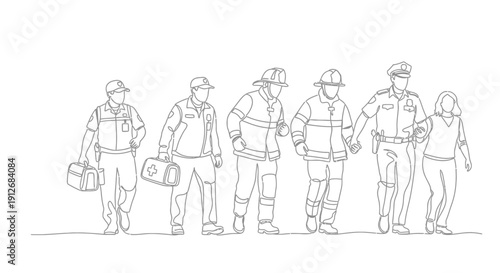 Emergency Responders and Civilian Line Art Illustration