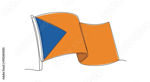 Waving Orange and Blue Flag, Abstract Geometric Design, Minimalist Single Line Art