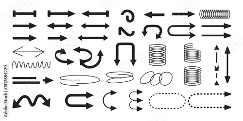 A comprehensive collection of various modern arrow designs and spring shapes in black lines on white background