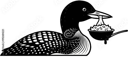 A black and white cartoon illustration of a loon holding a bowl of food in its beak