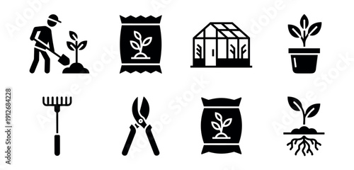 Gardening black and white icon set