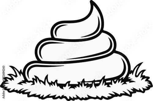 A black and white cartoon illustration of a pile of feces on grass