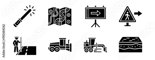 Road construction and maintenance line icons set