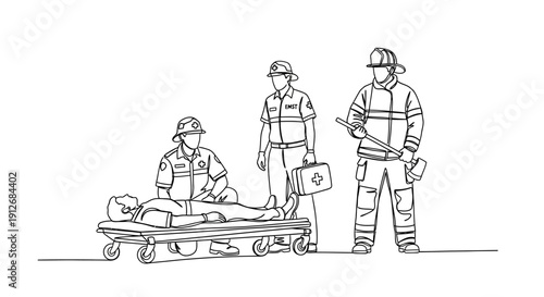 Emergency Medical Team Rescuing Person on Stretcher, Firefighter Nearby