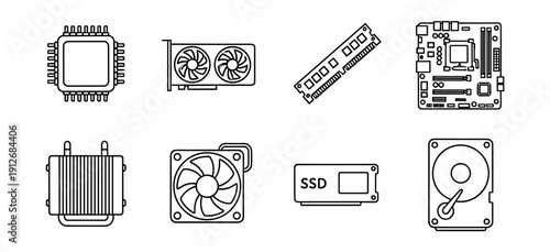 Computer components line icons set