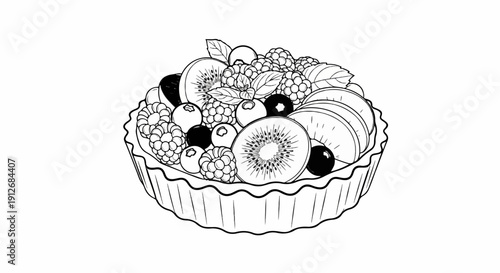 A black and white drawing of a fruit tart filled with berries and kiwi slices