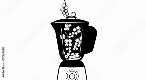 A black and white illustration of a blender filled with white currants and a sprig on top