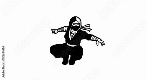 A black and white drawing of a ninja in a crouched, dynamic pose