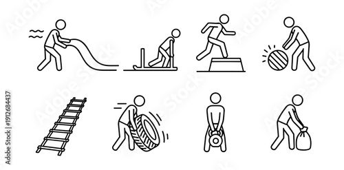 Functional fitness and strength training line icons set