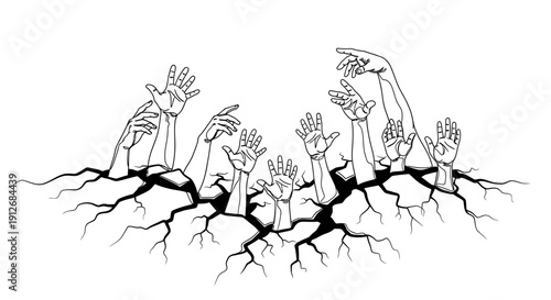 Struggling Hands Emerging from Cracked Earth, Desperation and Help Concept