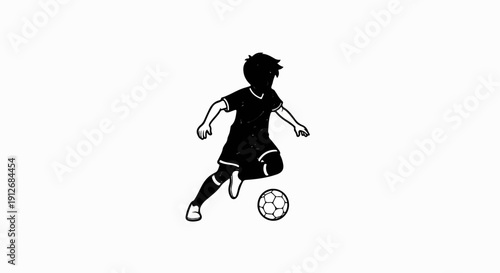 A black and white drawing of a person playing soccer, dribbling a ball