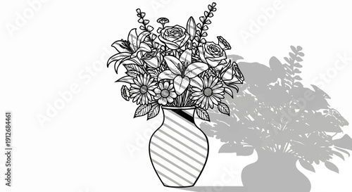 A black and white illustration of a bouquet of flowers in a striped vase