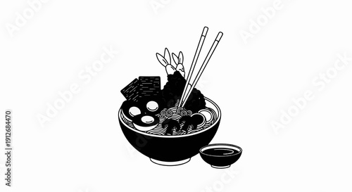 A black and white illustration of a bowl of noodle soup with shrimp and eggs