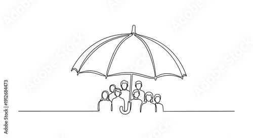 Group of people under umbrella, continuous line drawing, protection concept