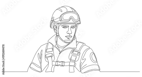 One Line Drawing of a Firefighter in Uniform with Helmet and Goggles