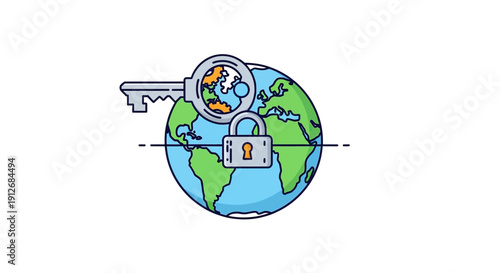 Earth Secured by Padlock and Key | Global Cybersecurity and Privacy Concept Vector Icon