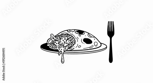 A black and white drawing of a slice of pizza with salad and dripping cheese on a plate with a fork