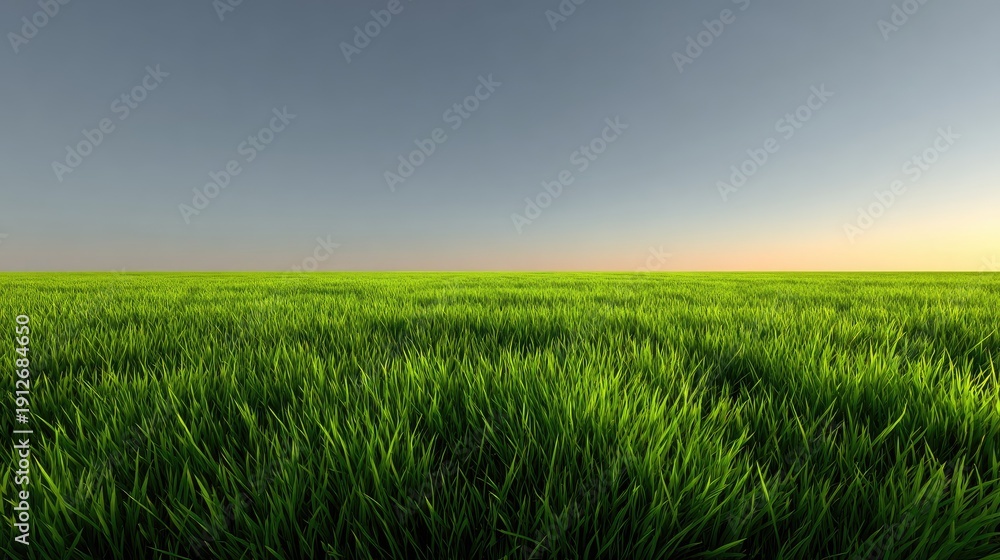 Obraz premium Lush Green Grass Field with Horizon at Sunset under Clear Sky in Peaceful Landscape for Nature and Outdoor Themes