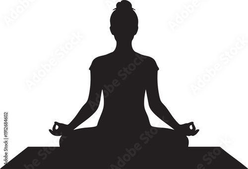Person sitting in a cross-legged pose on a yoga mat silhouette isolated on white background minimalist meditation and wellness illustration