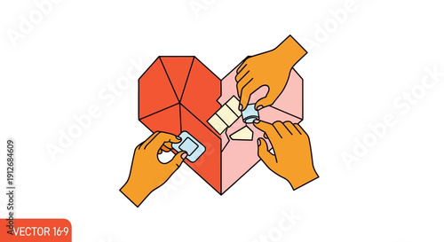 Collaborative Teamwork Repairing a Broken Geometric Heart. Vector Illustration of Hands Fixing Relationship Problems, Health, or Crisis.