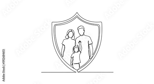 Family Protection Shield Icon - Continuous Line Art