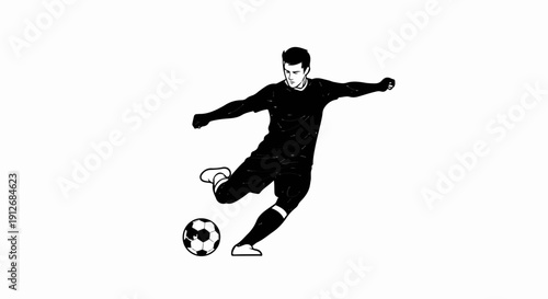 A black and white illustration of a soccer player kicking a ball