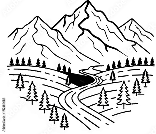 A black and white drawing of a winding road leading through a mountainous landscape with trees