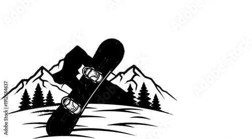 A black and white illustration of a snowboard against a mountain backdrop